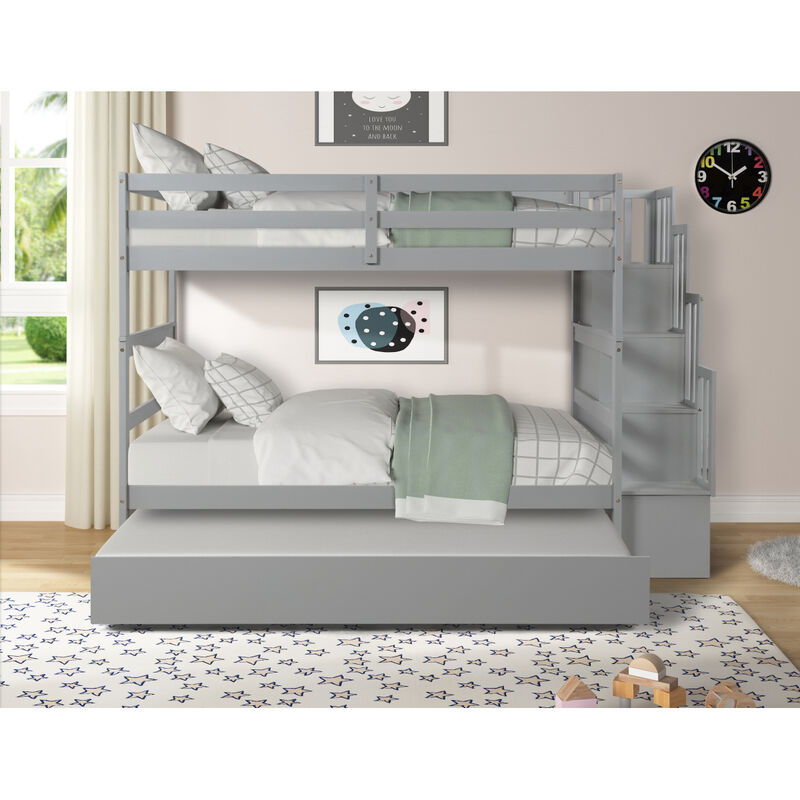 Bunk Beds Twin Over Twin Stairway Storage Function Gray