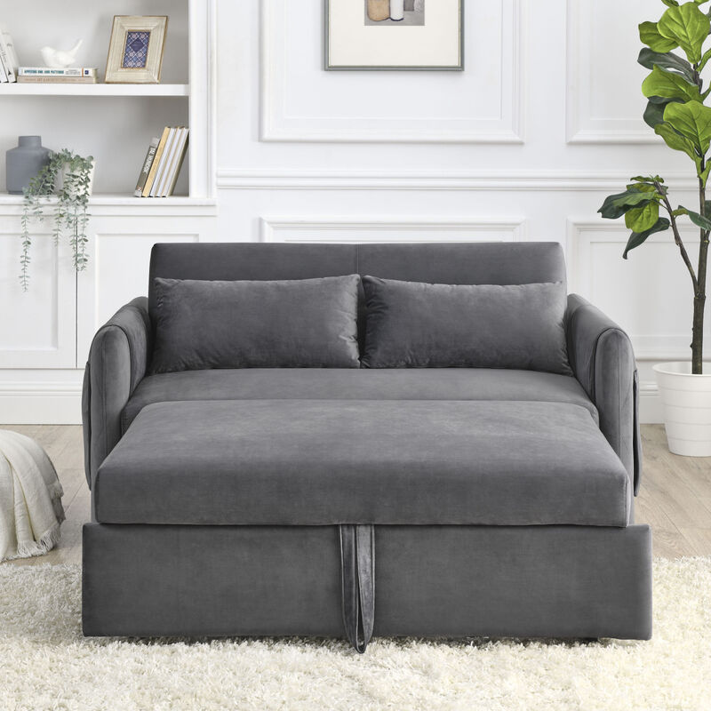 55" Modern Convertible Sofa Bed With 2 Detachable Arm Pockets, Velvet Loveseat Sofa With Pull Out