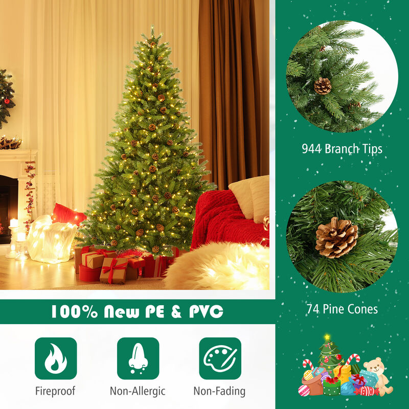 Artificial Christmas Tree with Pine Cones and Adjustable Brightness