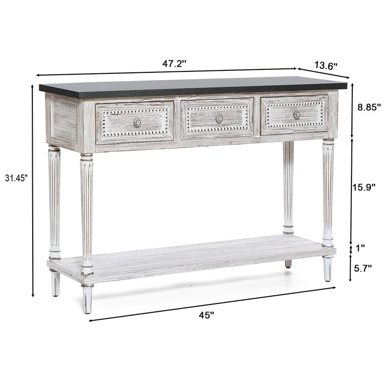 LuxenHome Distressed White Wood and Metal 3-Drawer 1-Shelf Console and Entry Table