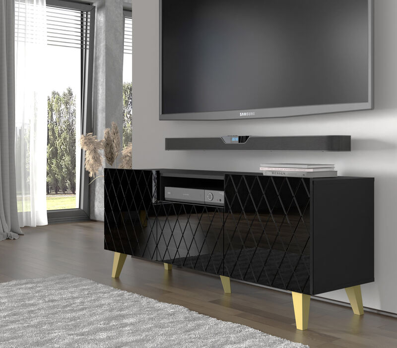 TV Stand DIUNA 3D 57'' Lowboard Milled MDF Fronts, Black High Gloss