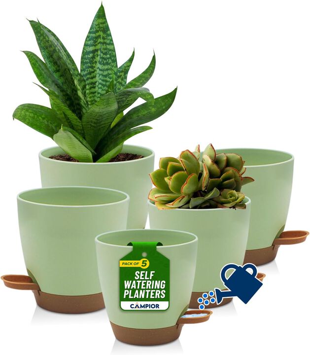 Campior Self-Watering Planters - 5 Size Indoor and Outdoor Plant Pots with Drainage Holes and Wick Rope, Plastic Pots for Succulents, Flowers, and Plants, (7”,6.5”,6”,5.5”,5” Inches), Pack of 5, Black