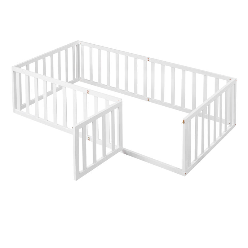 Twin Size Wood Floor Bed Frame With Fence And Door
