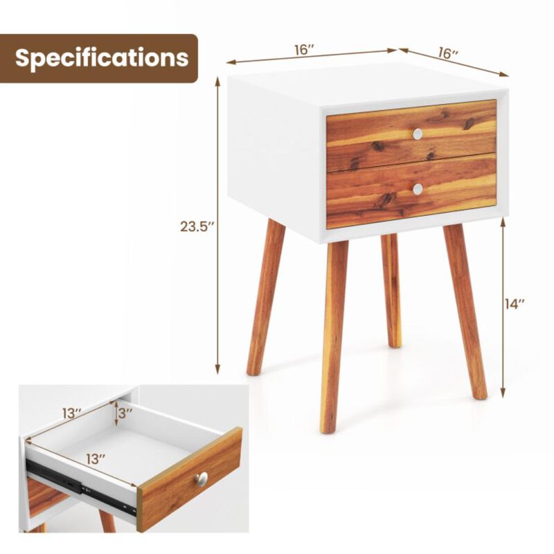 Hivvago Wooden Nightstand Mid-Century End Side Table with 2 Storage Drawers