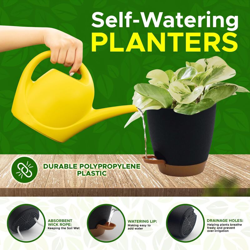 Campior Self-Watering Planters - 5 Size Indoor and Outdoor Plant Pots with Drainage Holes and Wick Rope, Plastic Pot for Succulents, Flowers, and Plants, (7”,6.5”,6”,5.5”,5” Inches), Pack of 20, Black