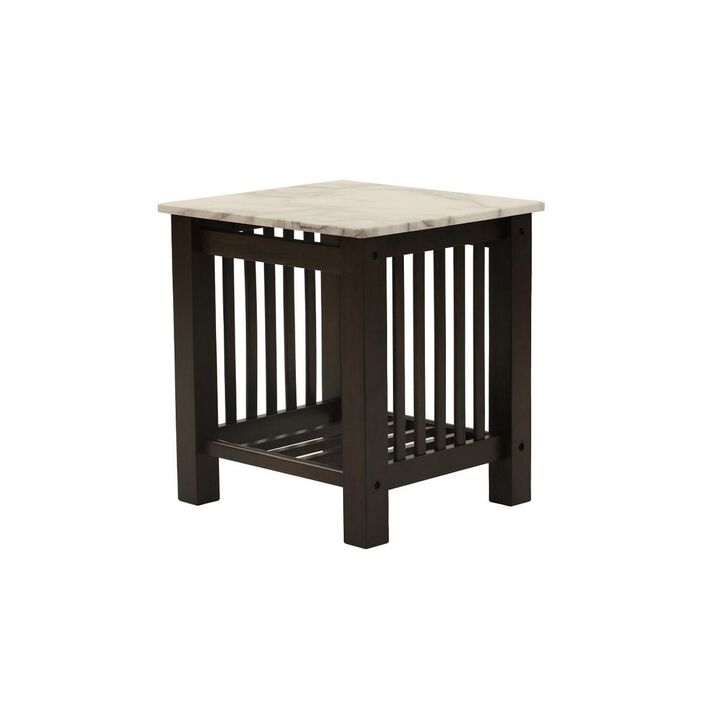 Moen 21 Inch Side End Table, White Faux Marble, Bottom Shelf, Black Wood - Benzara