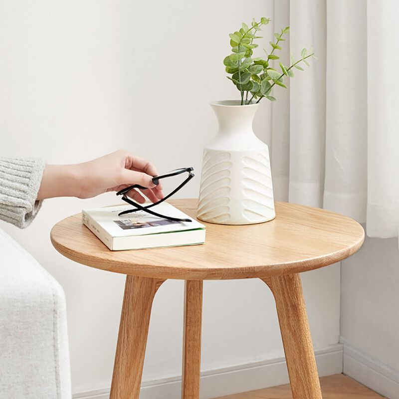 Small Oak Wood Round End Table for Living Room & Bedroom