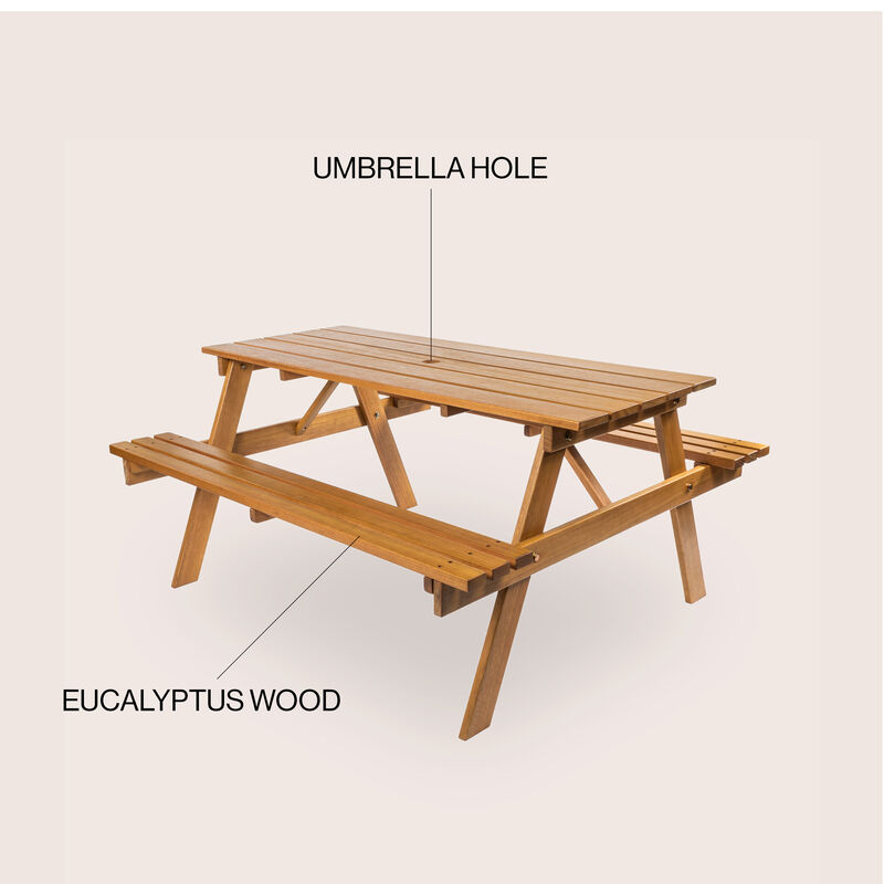 Shoreham Modern Classic Outdoor Wood Picnic Table Benches with Umbrella Hole