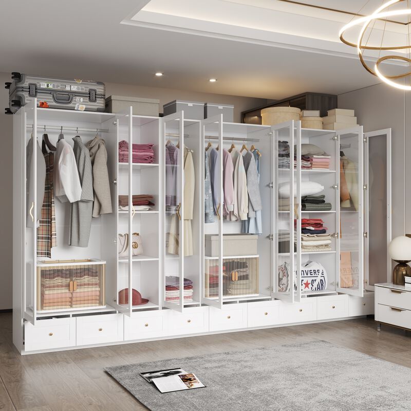 White Armoire Wardrobe Closet with Glass Doors, 9 Drawers, 4-Tier Shelves & Hanging Bar, Wooden Closet Storage Cabinet with Large Compartment for Bedroom