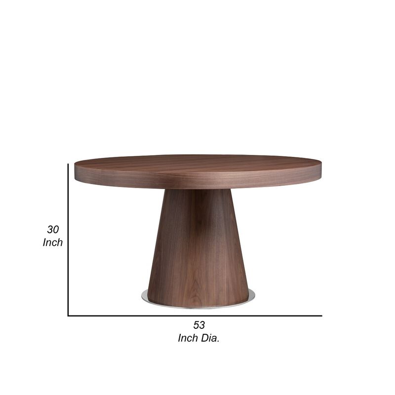 John 53 Inch Dining Table, Walnut Brown Round Wood Top, Padestal Base - Benzara