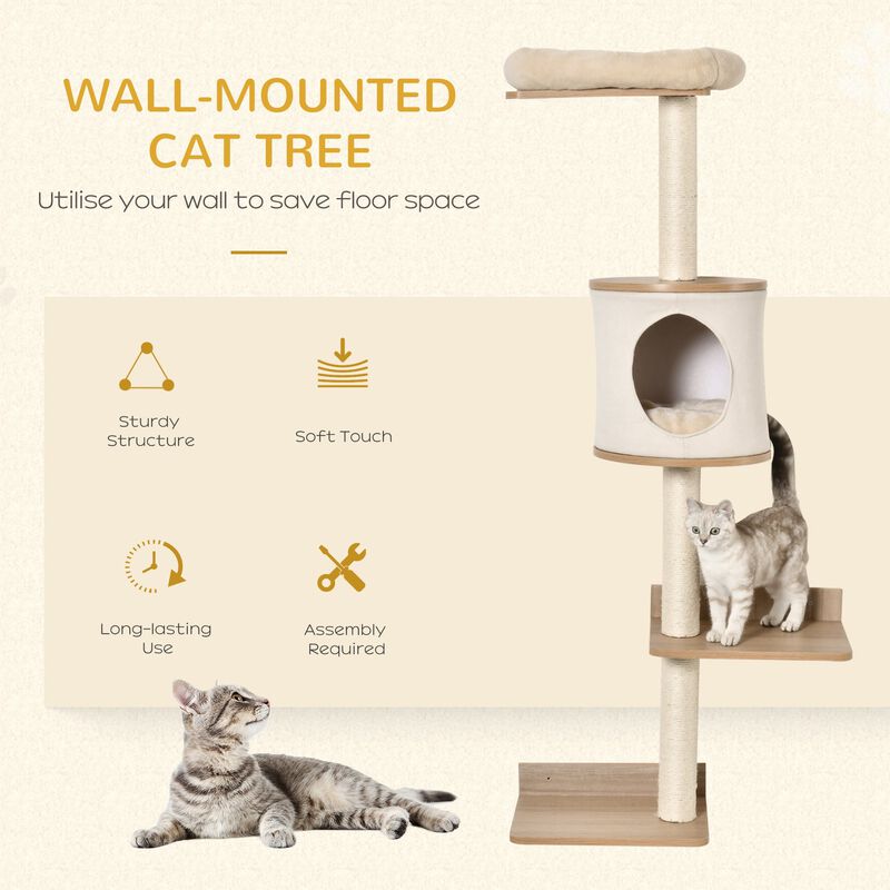Light Brown Cat Tower: 4-Level Wall-Mounted Activity Tree with Sisal