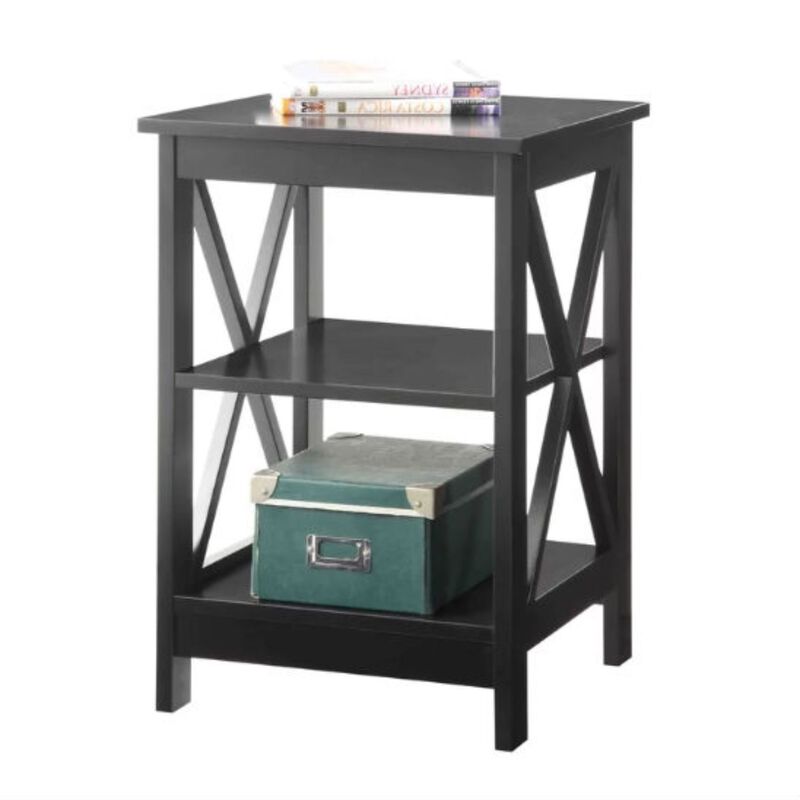 Hivvago Black Wood X-Design End Table Nightstand with 3 Open Shelves