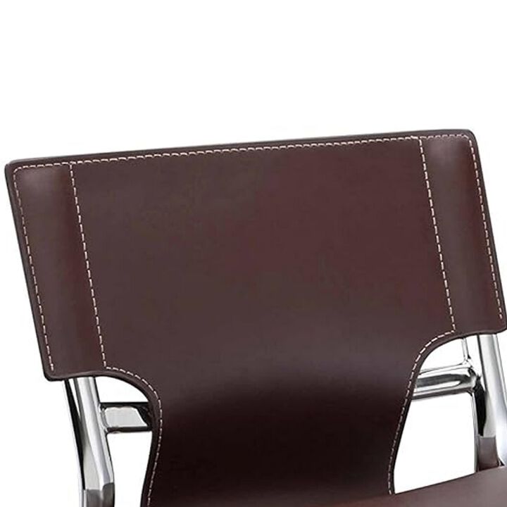 Illa 26 Inch Counter Height Chair, Set of 2, Chrome Base, Vegan Leather, Brown - Benzara