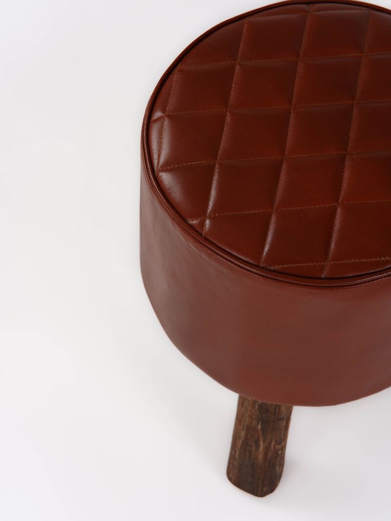 Handmade Eco-Friendly Geometric Buffalo Leather & Wood Black Round Ottomon Stool 18"X14"x14" From BBH Homes
