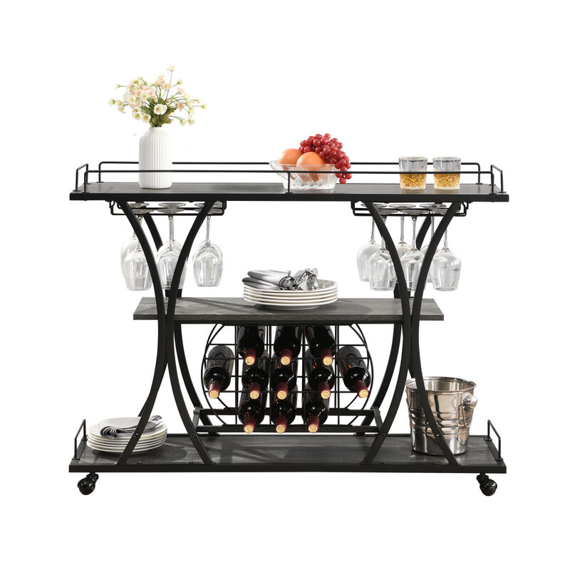 Industrial Bar Cart Kitchen Bar Serving Cart For Home With Wheels 3 - Tier Storage Shelves