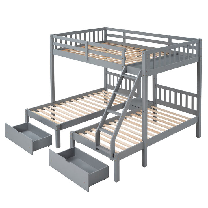 Full Over Twin & Twin Bunk Bed, Wood Triple Bunk Bed With Drawers And Guardrails Full Over Twin & Twin Bunk Bed, Wood Triple Bunk Bed With Drawers And Guardrails