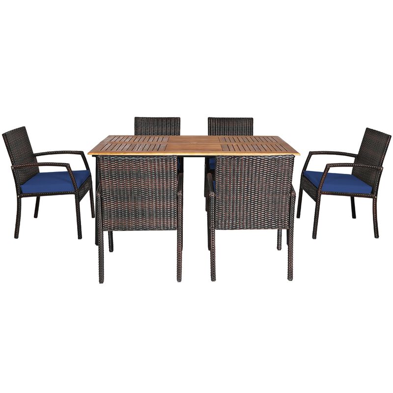 7Pcs Patio Rattan Cushioned Dining Set with Umbrella Hole