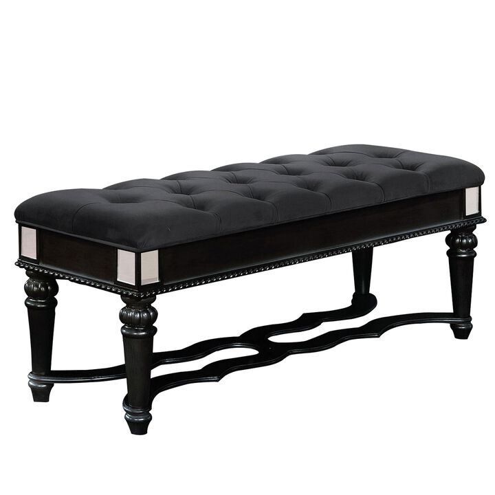 Fabric Padded Bench with Deep Button Tufting and Turned Legs, Black-Benzara