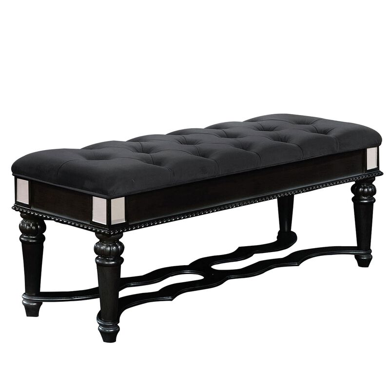 Fabric Padded Bench with Deep Button Tufting and Turned Legs, Black-Benzara