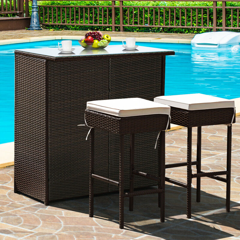 3PCS Patio Rattan Wicker Bar Table Stools Dining Set