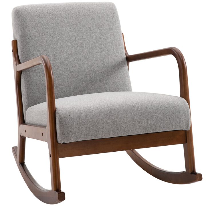 Grey Living Room Rocker: Upholstered Armchair with Wood Base