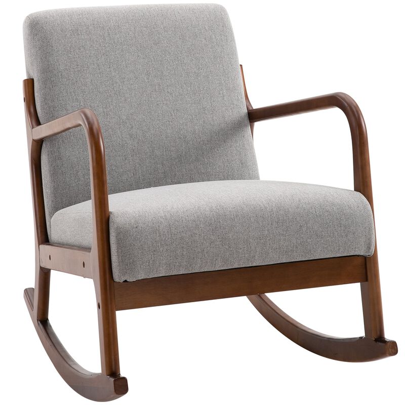 Grey Living Room Rocker: Upholstered Armchair with Wood Base