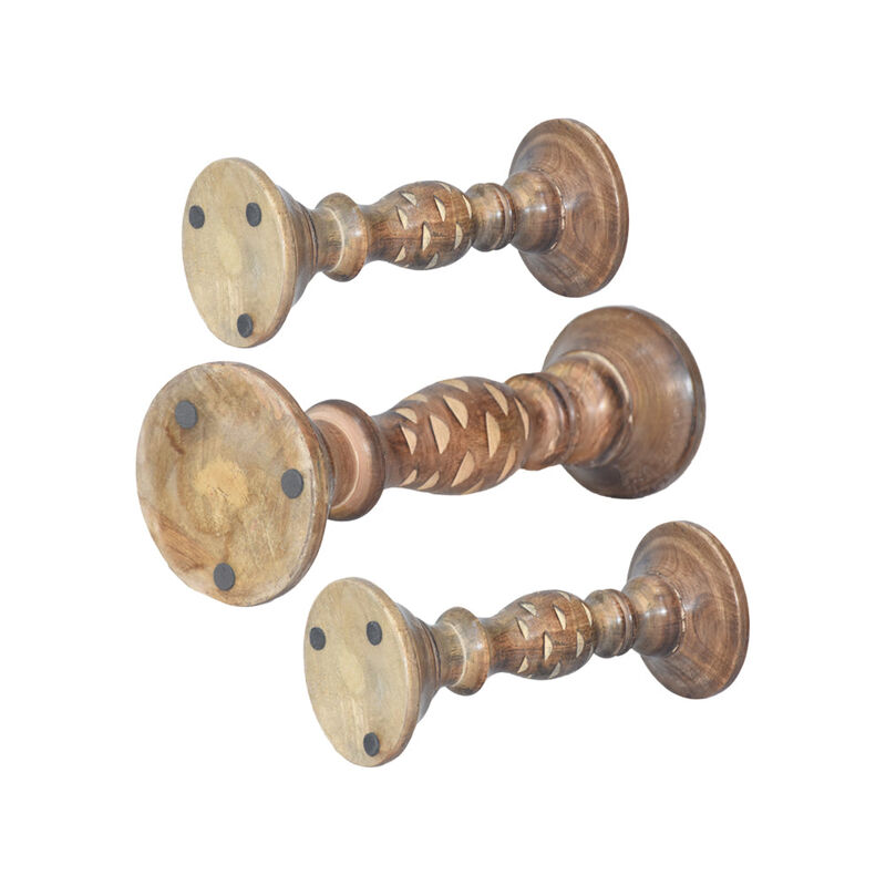 Traditional Medium Burnt Eco-friendly Handmade Mango Wood Set Of Three 9",12" & 9" Pillar Candle Holder