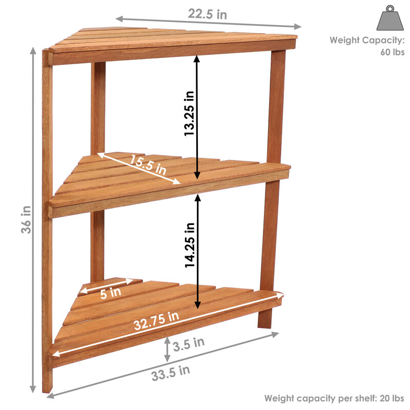 Sunnydaze Meranti Wood/Teak Oil Finish 3-Tier Corner Plant Stand - 36 in