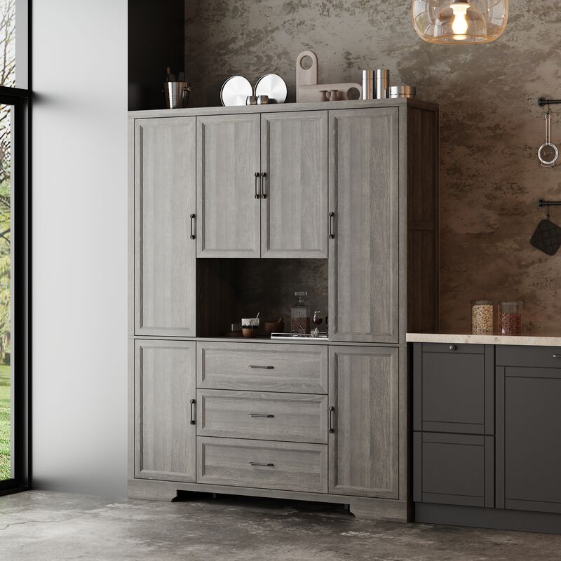 FUFU&GAGA Modern Light Wood Sideboard – 6 Doors, 3 Drawers & Open Shelf, Spacious P2-Grade MDF Dining Room Buffet Cabinet (63" W x 15.7" D x 78.7" H), Light Wood