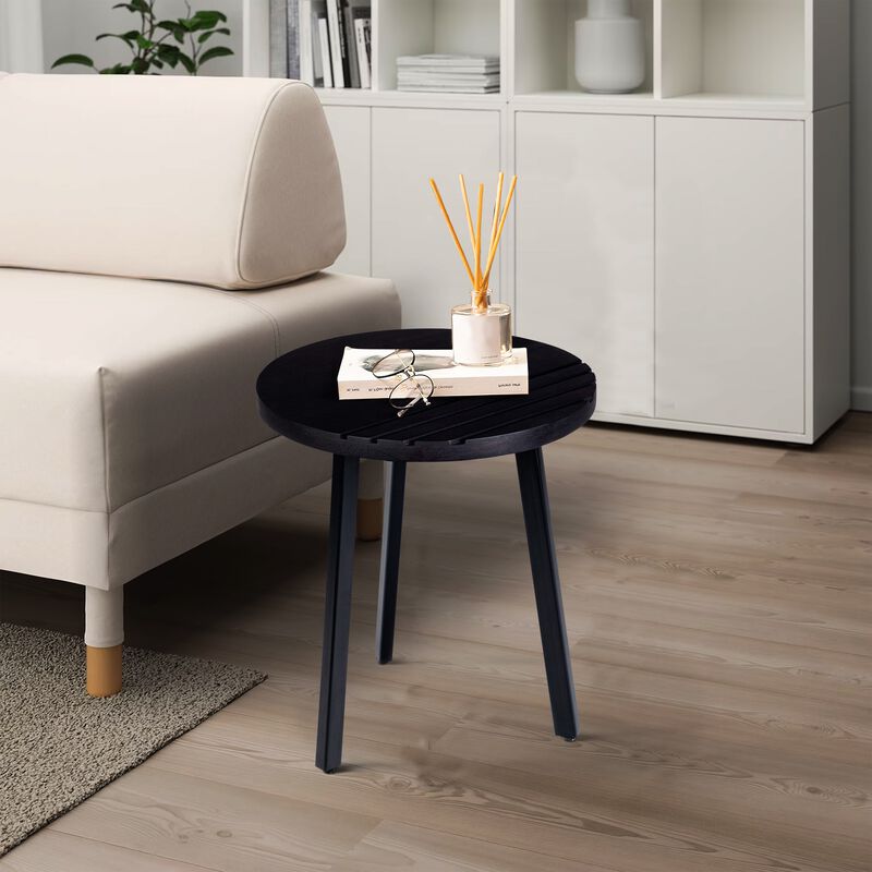 18 Inch Round Mango Wood Side End Table, Grooved Design, Metal Legs, Black-Benzara