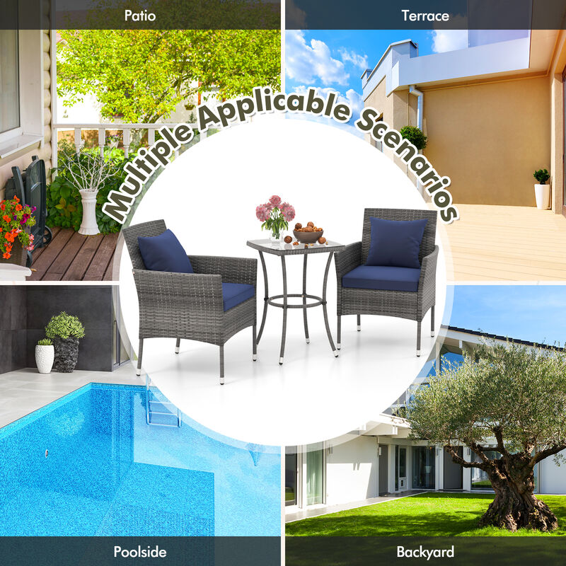 3 Pieces Patio Furniture Set with Cushioned Patio Chairs and Tempered Glass Coffee Table-Navy
