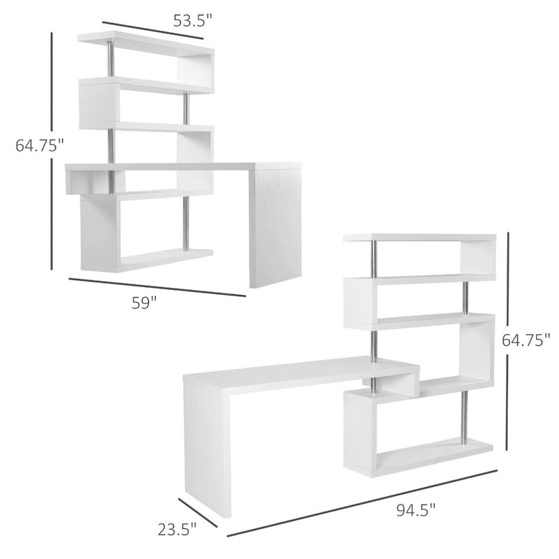 Versatile Office Hub: White 5-Tier L-Shaped 360° Rotating Desk with Shelves
