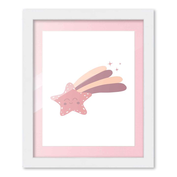 8x10 Framed Nursery Wall Art Boho Galaxy Shooting Star Poster in Pink with Soft Pink Mat in 10x12 White Wood Frame