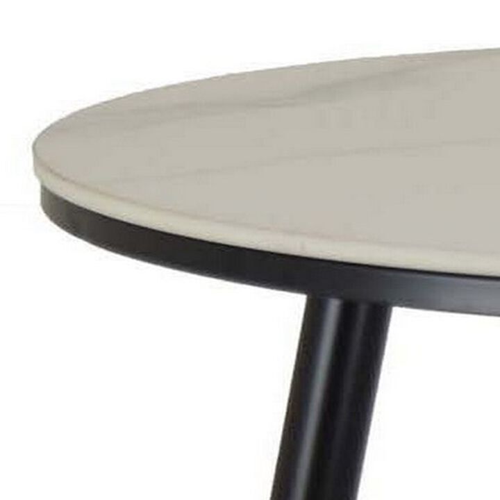 Tavi 24 Inch Plant Stand Side Table, Round White Marble Top, Black Metal - Benzara