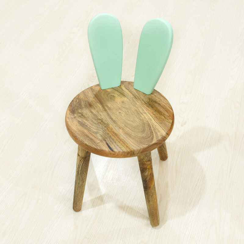 Handmade 100% Mango Wood Kids Light Green Color Round Shaped Rabbit Theme Indoor Table & Chair