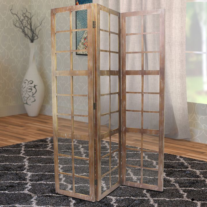 3 Panel Wooden Screen with Square Mirror Inserts, Brown and Silver - Benzara