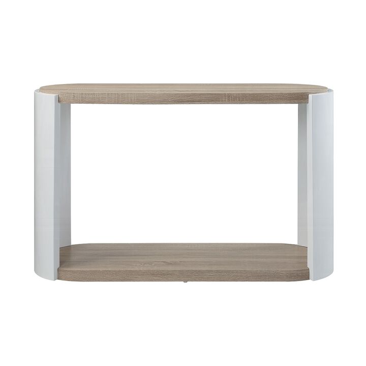 Romani Sofa Console Table, White High Gloss Wood, Brown, Oval 47 Inch - Benzara