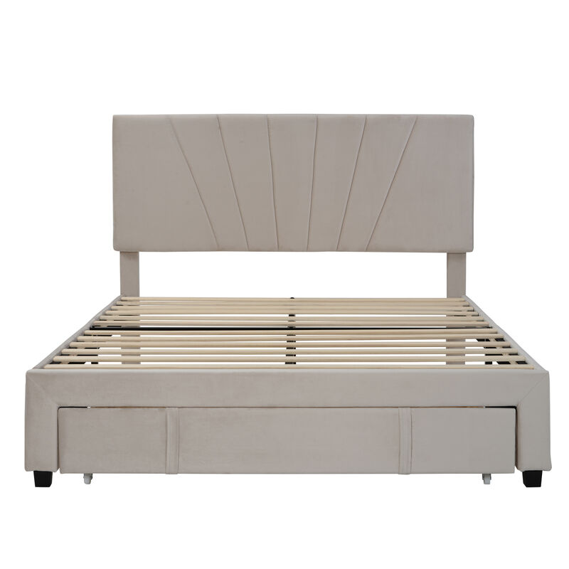 Queen Size Storage Bed Velvet Upholstered Platform Bed with a Big Drawer