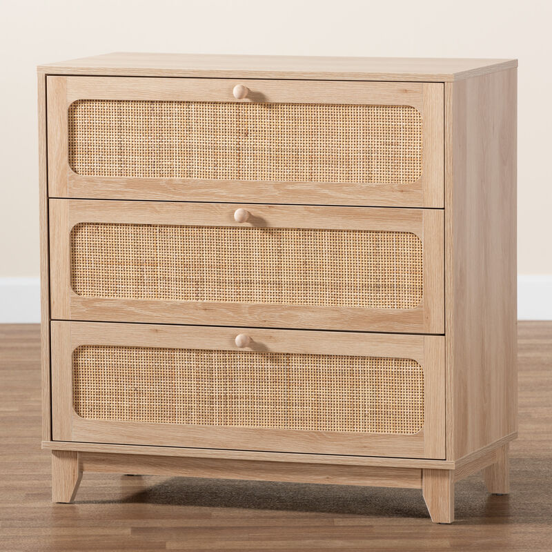 Baxton Studio Elsbeth Japandi Oak Finished Wood and Natural Rattan 3 Drawer Storage Cabinet