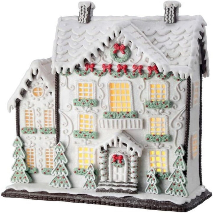 13.5-Inch White Gingerbread House – LED Lighted with Battery/Timer Feature
