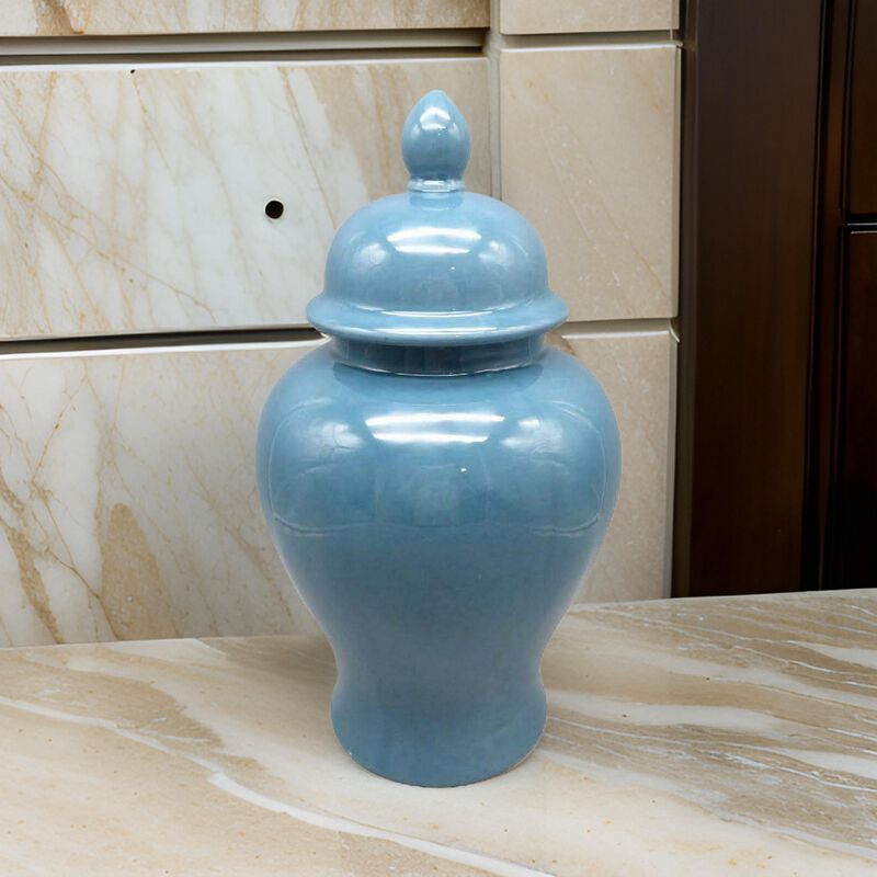 Teli 18 Inch Decorative Temple Ginger Jar, Elegant Ceramic, Glossy Blue - Benzara