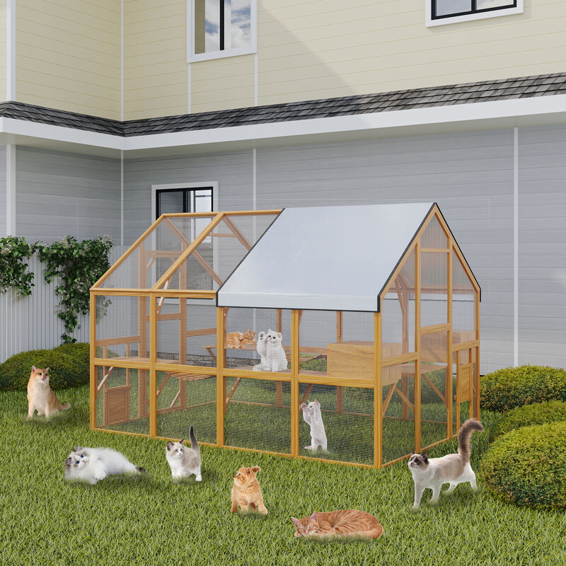 FUFU&GAGA Super Big Cat Play Tower with 2 Cat Boxes, 5 Cat Jump Platforms, and 2 Cat Hammocks,  (109.6" W x75.2" D x 60" H), Yellow