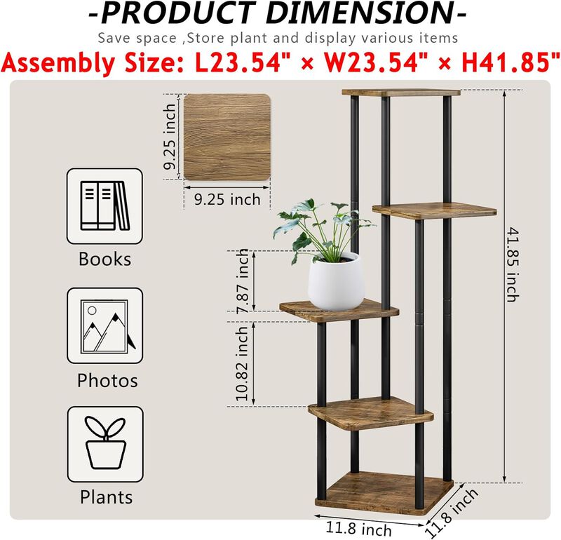5 Tier-Black+Rustic Brown Shelving, Plant Stand, Interior Metal Flower Stand