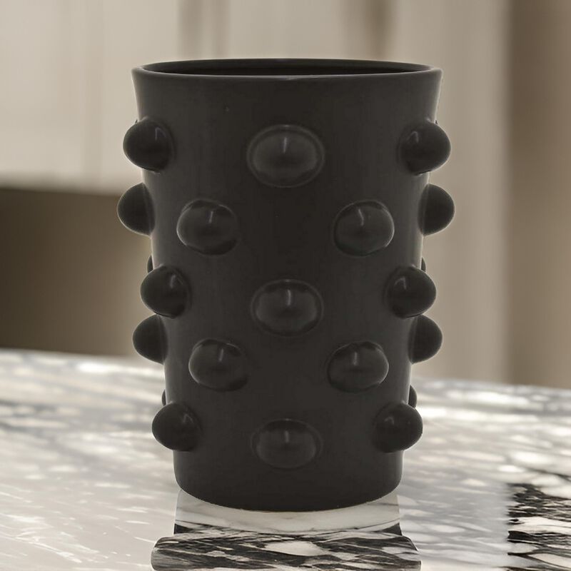 15 Inch Flower Vase, 3D Bubble Pattern, Ceramic Container, Black Finish - Benzara