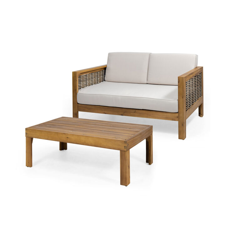 Merax Outdoor Acacia Wood and Wicker Loveseat and Coffee Table Set