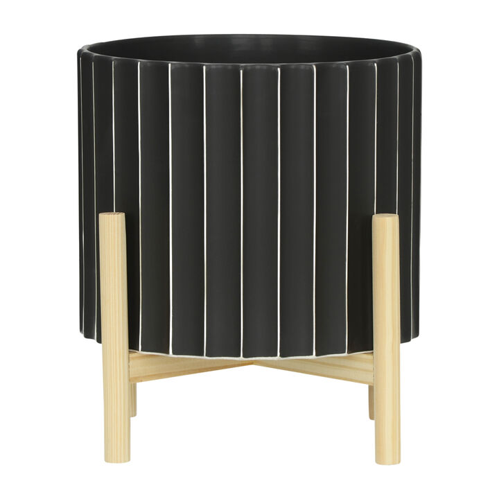 Ceramic Fluted Planter W/ Wood Stand