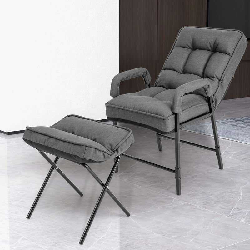Linen Fabric Modern Accent Chair with Ottoman and Adjustable Backrest