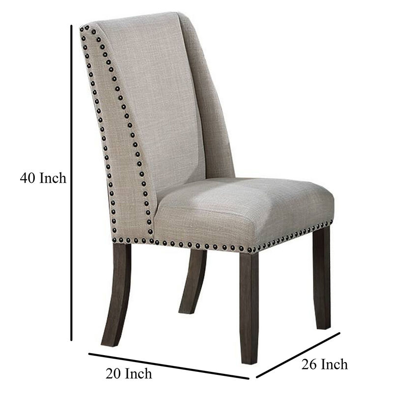 Alex Dining Side Chair Set of 2, Wingback, Nailhead Brown Wood, Beige - Benzara