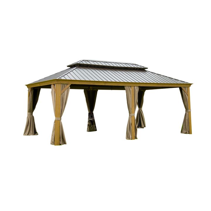 MONDAWE 12x20ft Hardtop Gazebo Outdoor Aluminum Wood Grain Gazebos with Galvanized Steel Double Canopy for Patios Deck Backyard,Curtains&Netting (Wood-Looking)