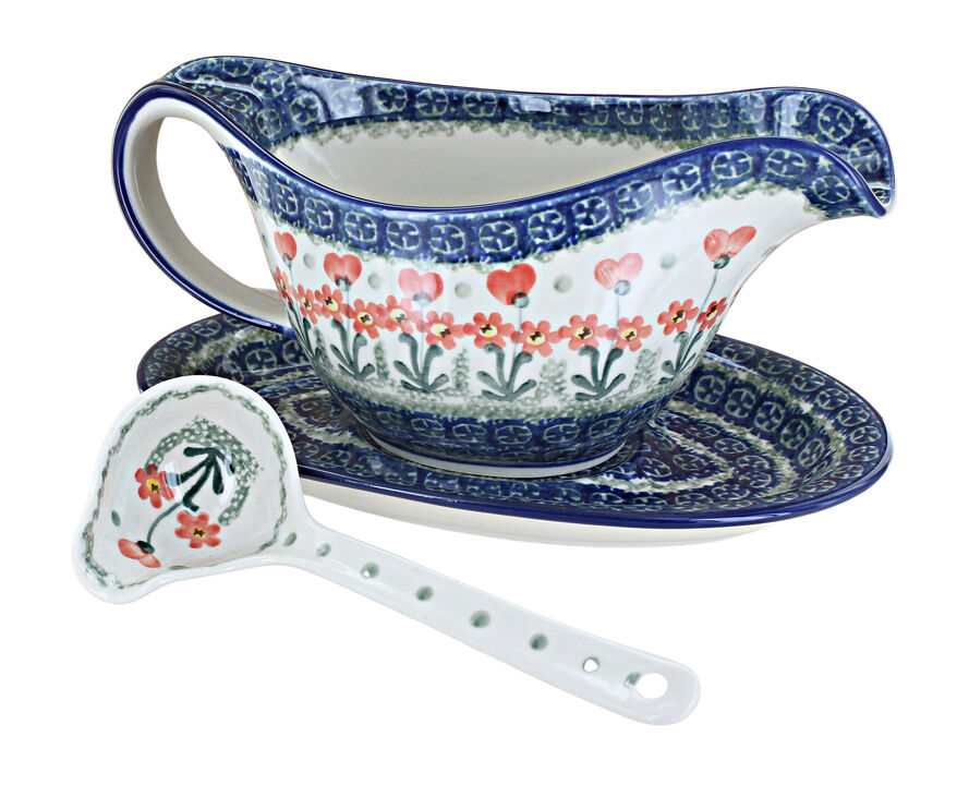 Blue Rose Polish Pottery Maia Gravy Boat & Ladle